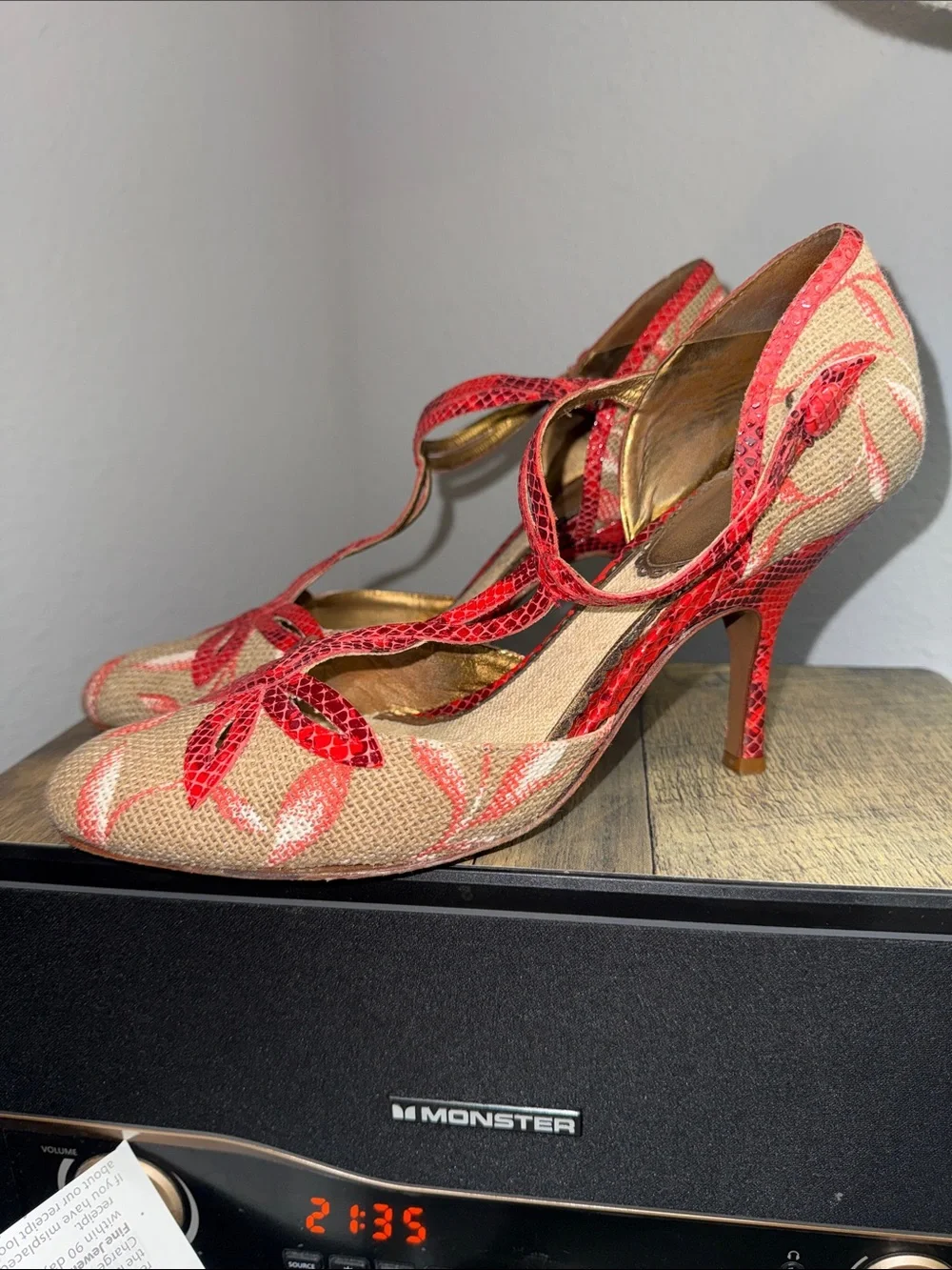 Beige Woven Heels with Red Floral Trim - Women's T-Strap Pumps